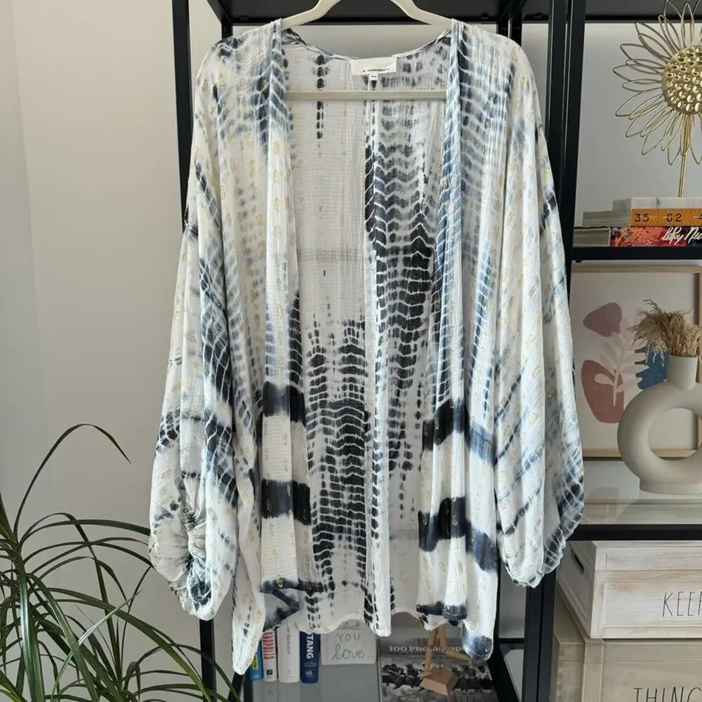Anthropologie Vada White Blue Gold Shimmer Cocoon Kimono Women’s One Size - Picture 8 of 12